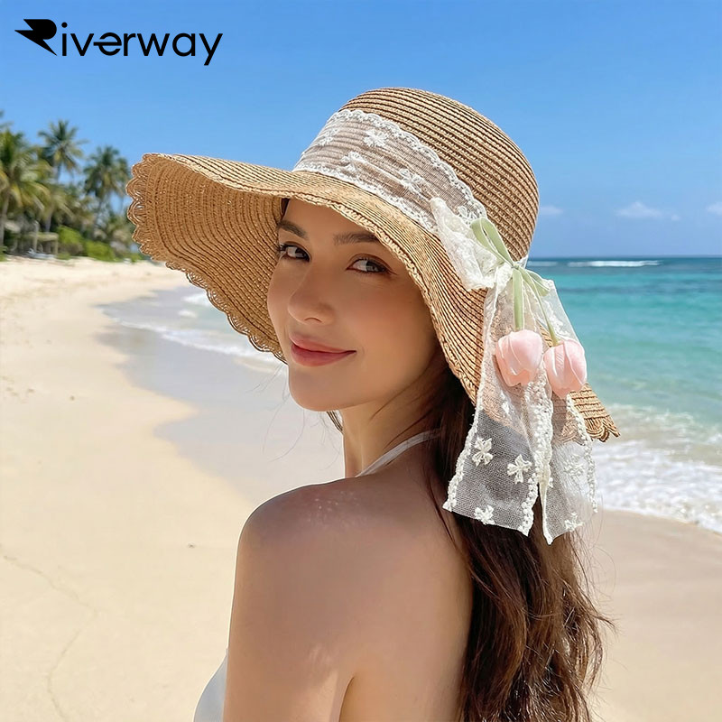 COD Topi Pantai Menawan Bunga Tulip Pita Renda Topi Jerami Lapangan Topi Bertepi Lebar Pantai