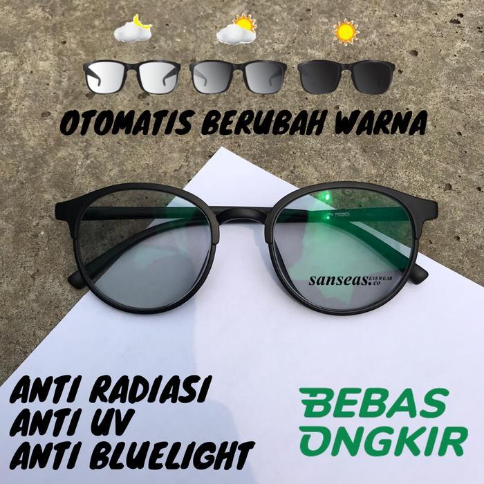 Kacamata Photocromic Pria Bulat Oval Lensa Anti Radiasi Hitam Doff - Photocromic, Hitam Glossy