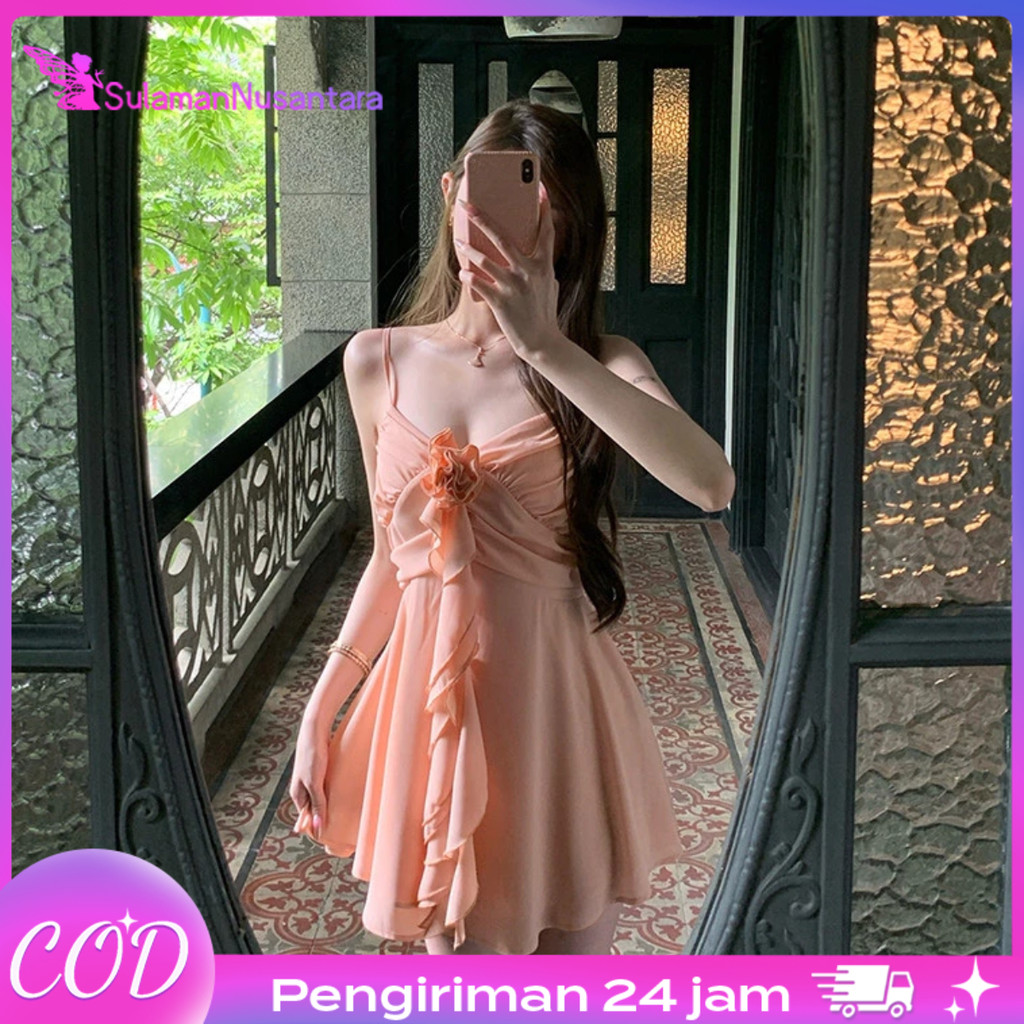 Dress Mini Babydoll Dress Wanita Hot Renda Lace Bunga Seksi Sling