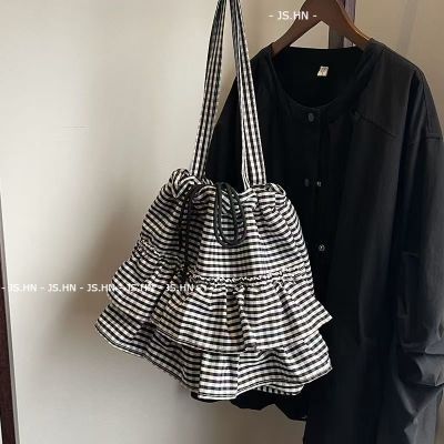 JS.HN-Tas Kanvas Motif Kotak-kotak Hitam Putih Gaya Korea Dengan Tali Serut  Tas Komuter  Tas Bahu W