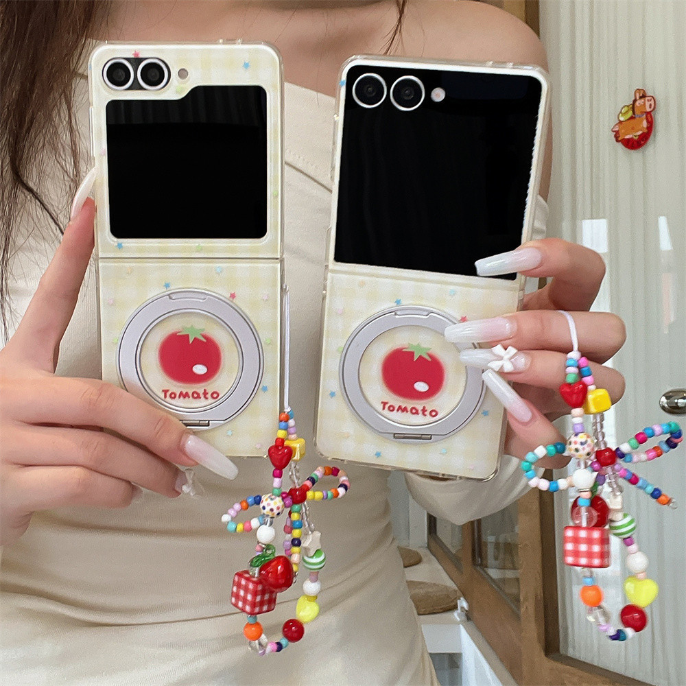 Casing Samsung Galaxy Z Flip7 Flip6 Flip5 Z Flip7 FE dengan Stand Cincin Tomat Lucu Ala Korea INS, H