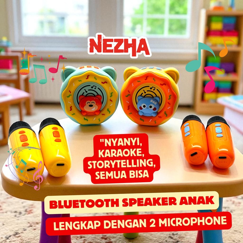 SUMERKAN Mini Set Mainan Anak Karaoke Speaker Karakter Kucing Lucu Microphone Karaoke Portable Bluet