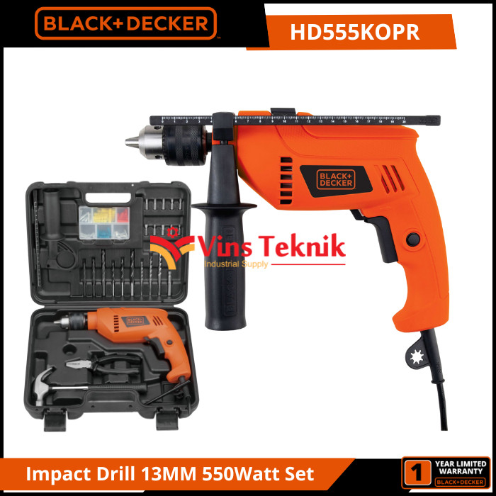 Black + Decker Mesin Bor Tembok Listrik Impact Drill Hammer Drill 13MM 550Watt Set 88Pcs HD555KOPR-B