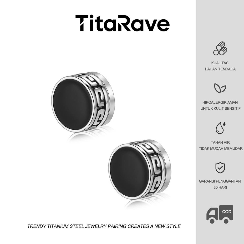 TitaRave Anting Telinga Klip Hitam Pria Retro Gaya Tren Bulat Kecil Magnet Anting Jepit Perak Wanita