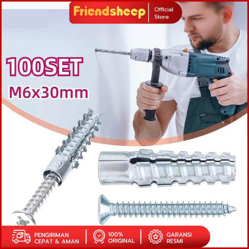 100set M6x30 Angkur Baut Tembok Sekrup Wall Anchor Tembok Sekrup Dinding Tembok Angkur