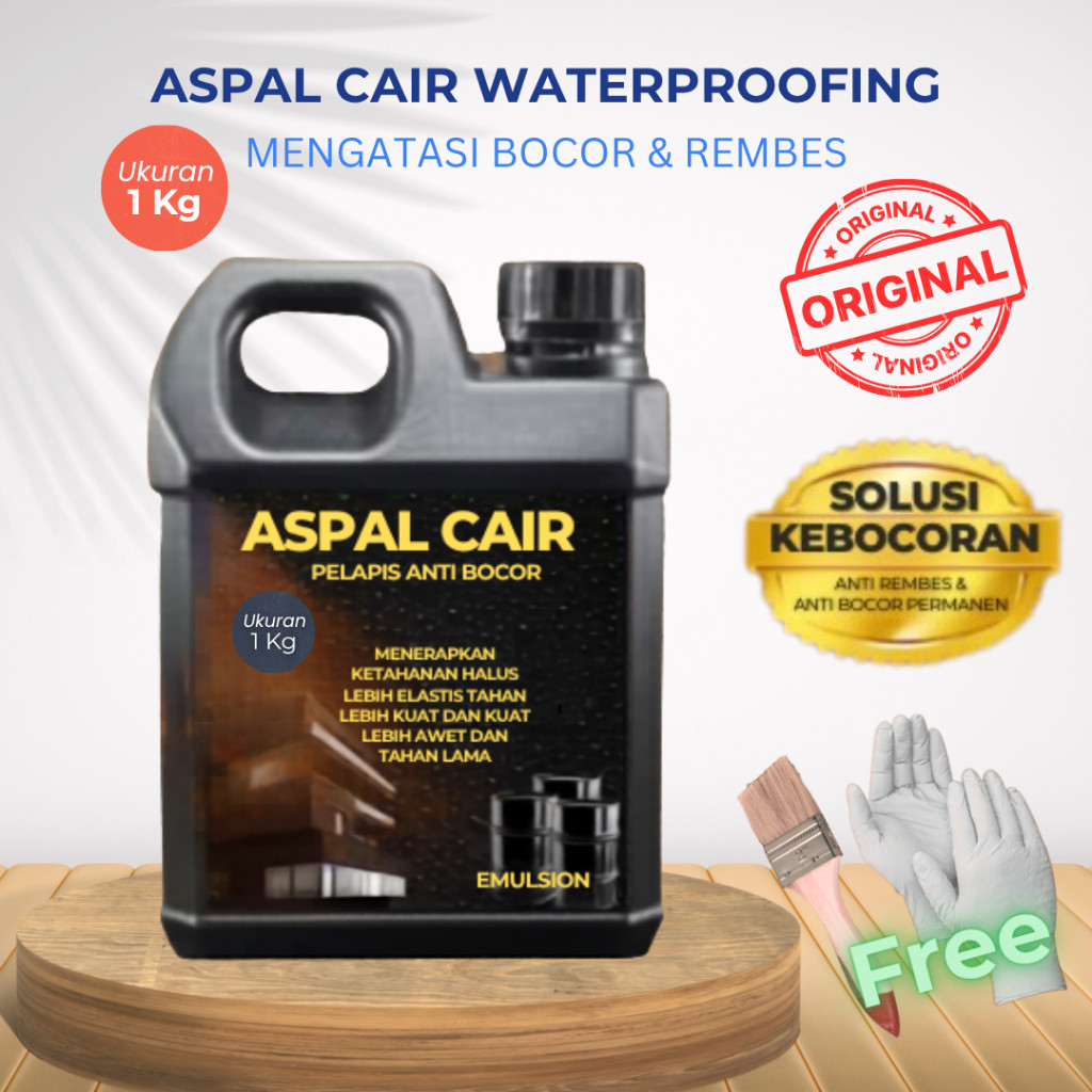 Aspal Cair 1Kg Anti Bocor Waterproof Genteng Dak Beton Kolam Kamar Mandi + Kuas & Sarung Tangan