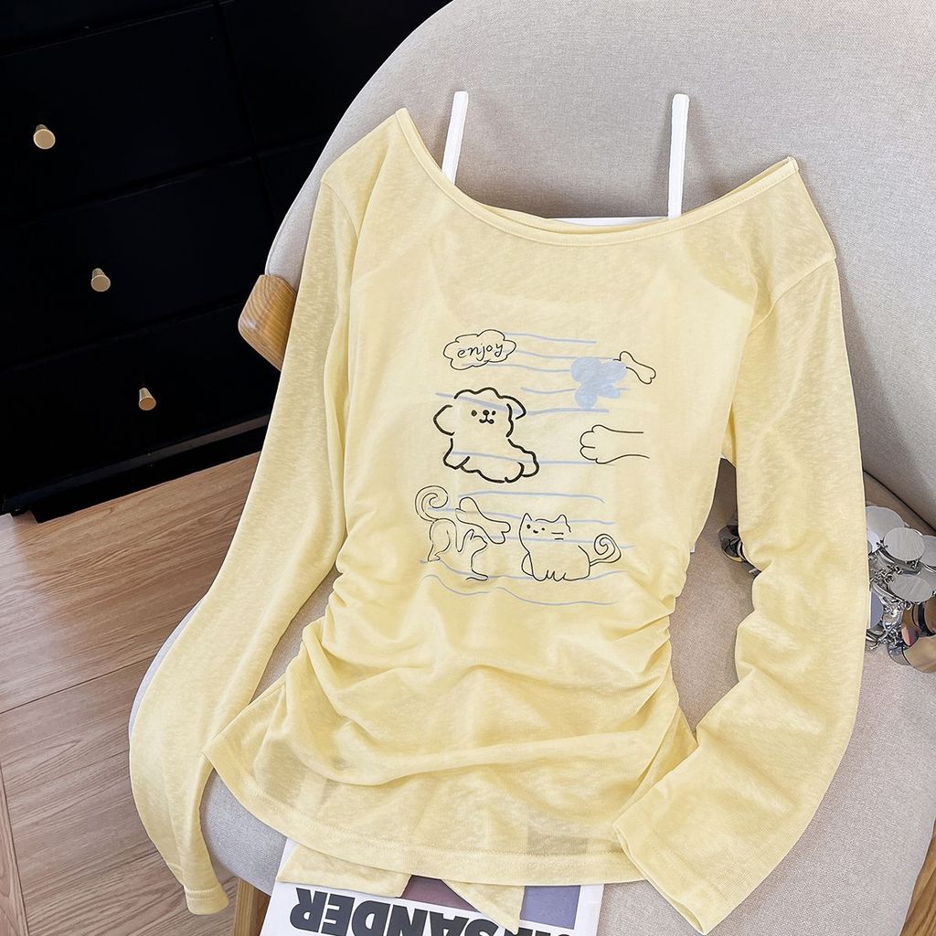 MYCASSI Kaos Lengan Panjang Wanita Berwarna Kuning Muda Bermotif Anak Anjing Dengan Dasi Kupu-kupu D