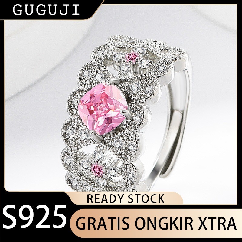 GUGUJI Cincin Batu Permata Berwarna Pink untuk Wanita Zircon Cincin Terbuka yang Dapat Disesuaikan T