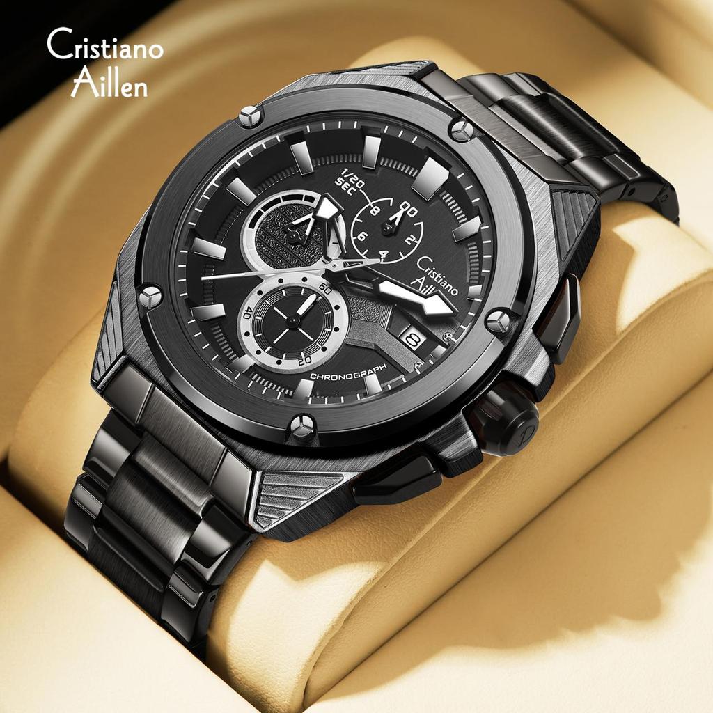 Buy 1 Get 1  Jam Tangan  Cristiano Aillen Jam Tangan Pria Analog 8909 Rantai Stainless Steel Chronog