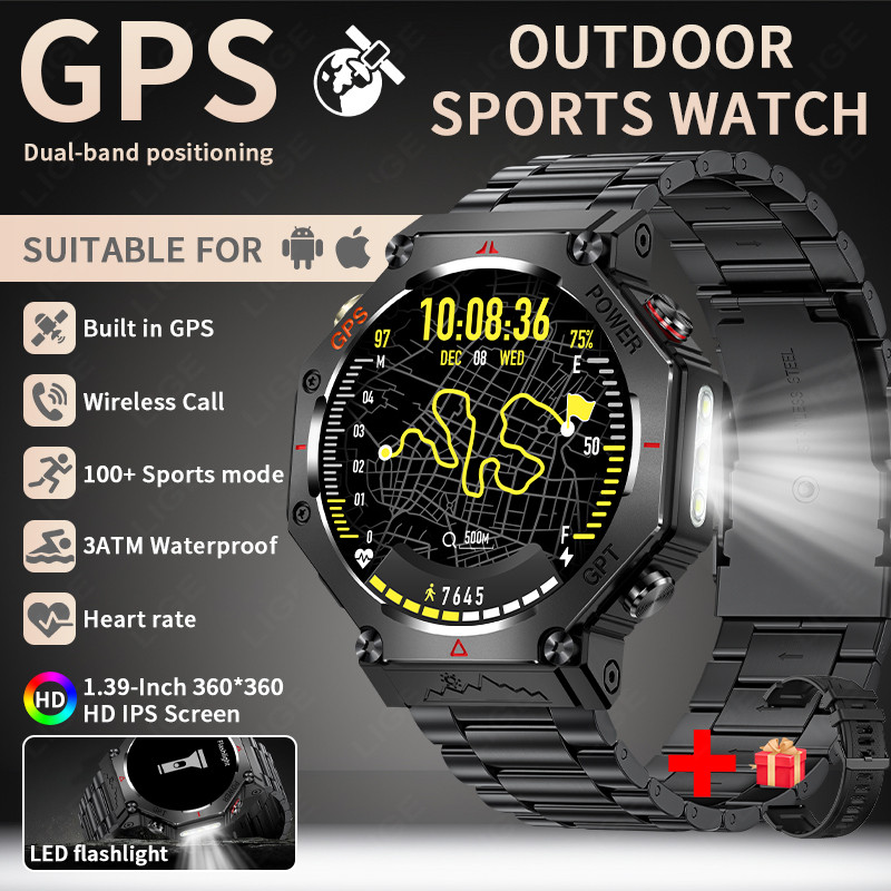 LIGE New 3ATM Waterproof GPS Smart Watch Men Outdoor Sport Watch LED Flashlight Builtin Altimeter Ba