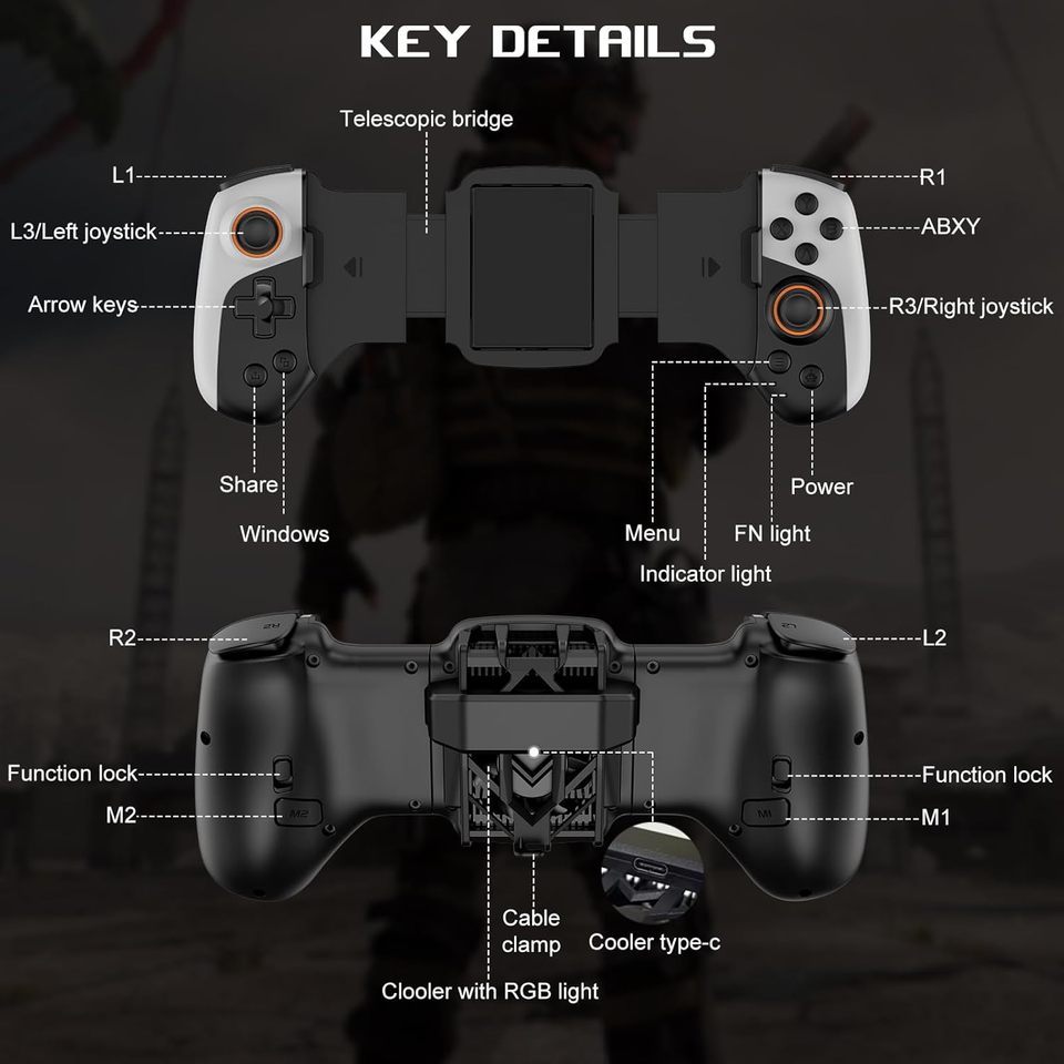 JK02 Mobile Gaming Controller with RGB Cooler for iPhone/Android/PC/Switch/Apple Arcade MFi Games wi