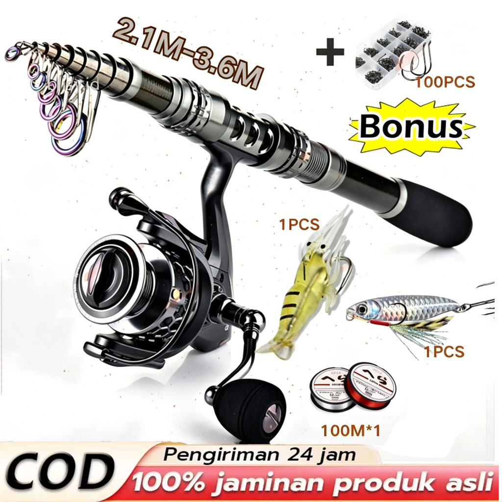 Beli 1 dapat 6 Reel Pancing Set Joran Pancing 1.8-2.4m 5.2：1gr Reel Pancing Memancing Laut Pancingan