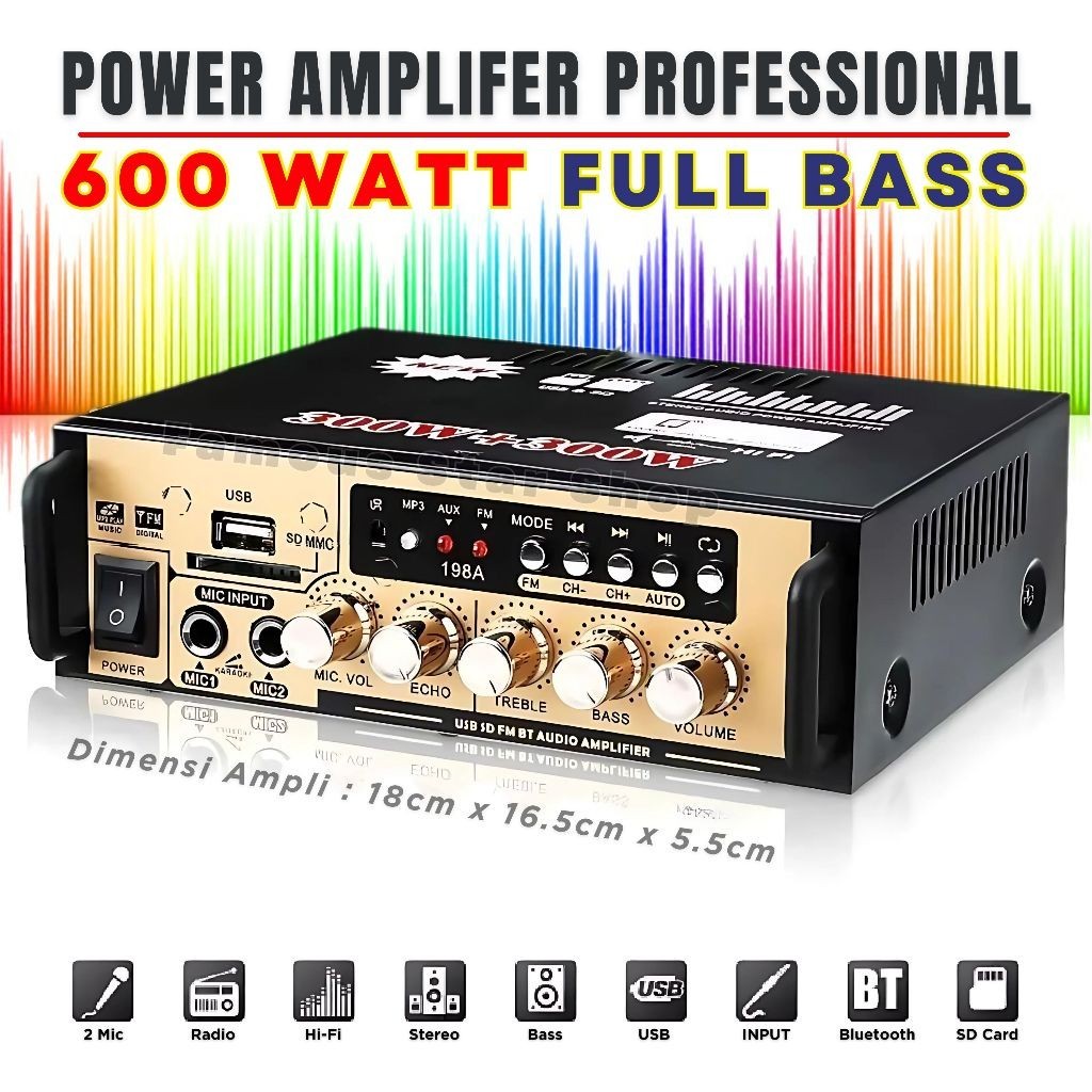 TERMURAH 600W Power Amplifier Wireless Karaoke Fleco Bt-198a/199a Amplifier Audio Stereo 2 Channel B