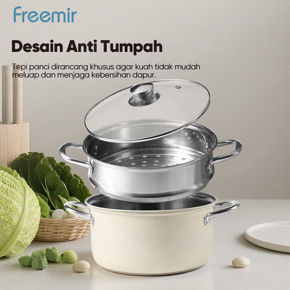 Freemir Panci Kukus 2 Susun 24 cm Panci Stainless Steel 304 Panci Anti Karat Serbaguna ACC14