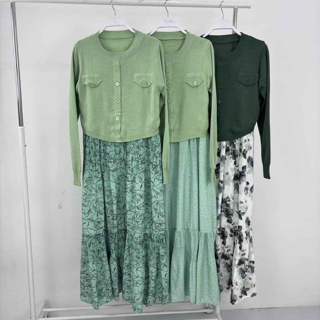 Maxi Dress Wanita Sage Green Set Cardigan Premium Slim Fit