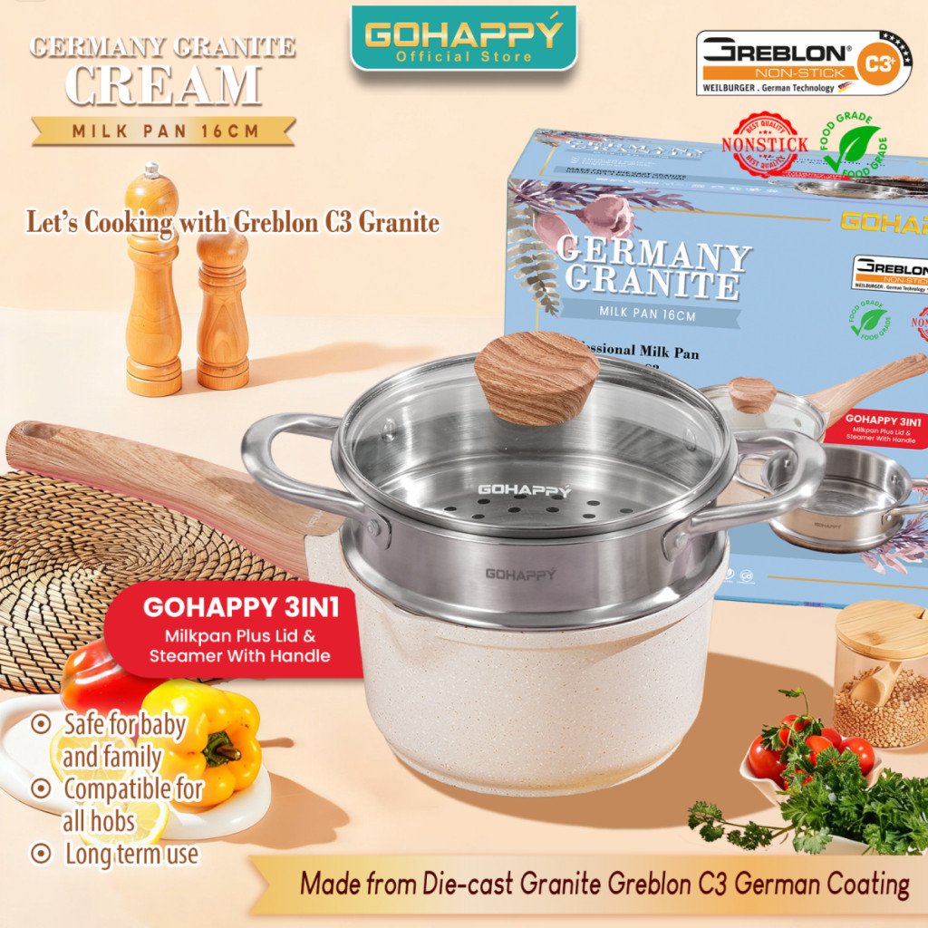 GREBLON C3 SAUCEPAN 3PCS STEAMER LID Panci set mpasi milkpan anti lengket gohappy germany granit