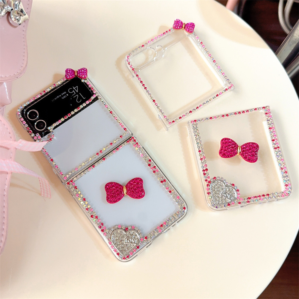 Casing Ponsel Korea Berlian Imitasi Busur Cinta Berlian Perbatasan untuk Samsung Galaxy Z Flip 7 6 5