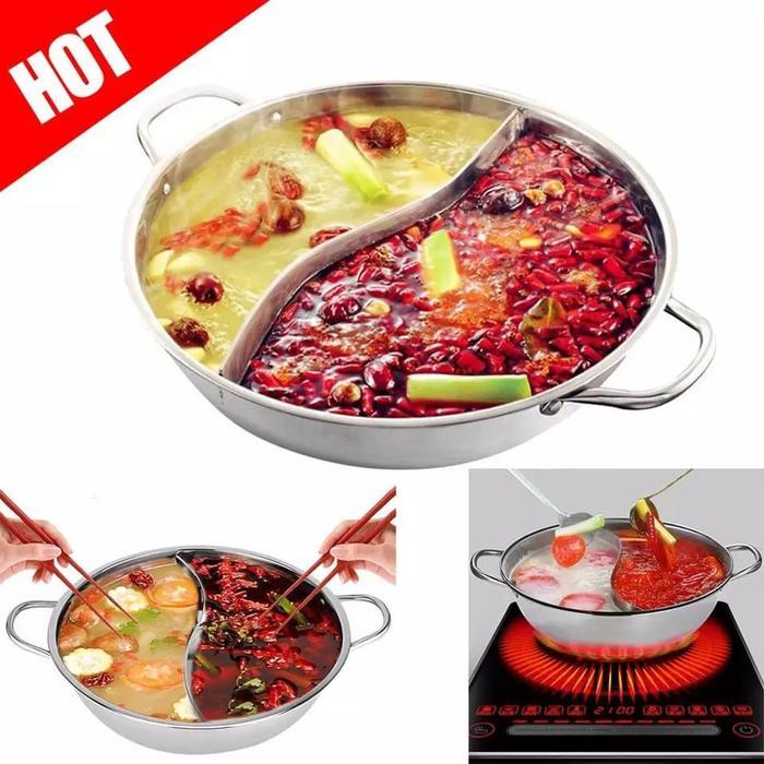 30cm & 28cm Hotpot Panci Shabu Shabu Sekat 2 Steamboat Sukiyaki Pan Stainless - 30cm Tebal
