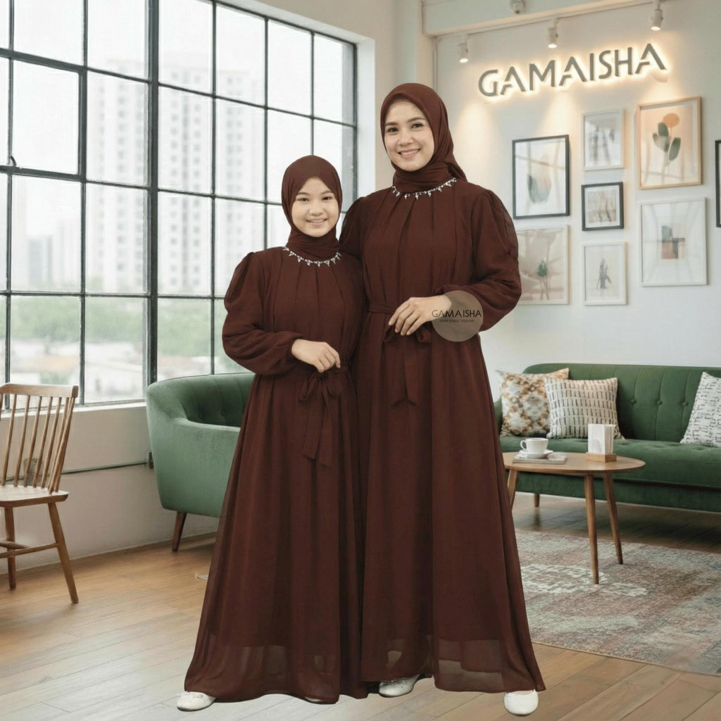 Gamis couple ibu anak perempuan remaja tanggung mix payet ceruti simple elegant mahogani emerald