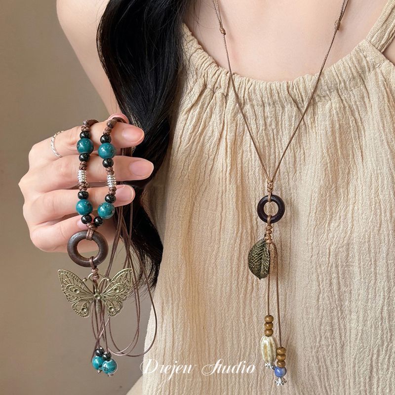 [Mempesona]Kalung liontin oval keramik manik-manik kayu gaya Cina baru, rantai tulang selangka retro