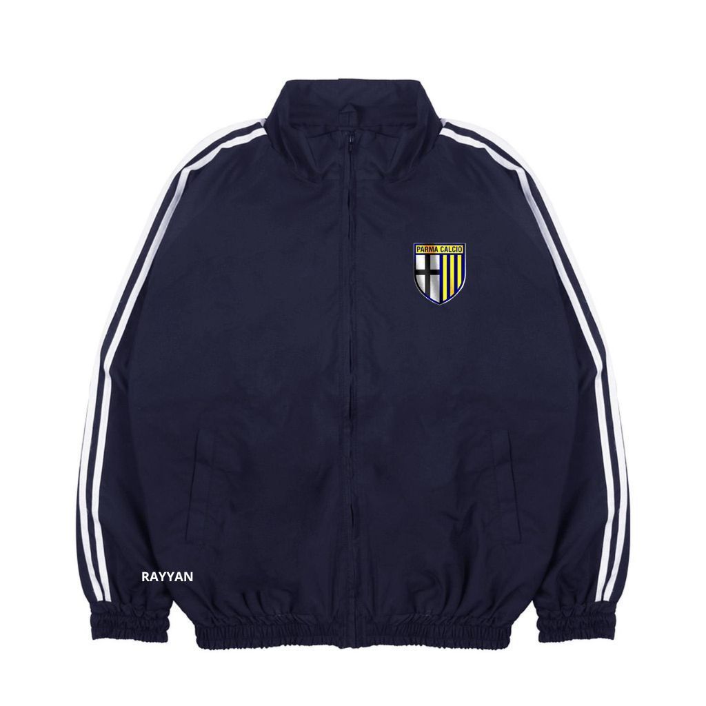 Parma Calcio Jacket Tracktop Unisex Footbal Club Top Eropa / Dunia Warna Navy Motif List Tangan Sz M