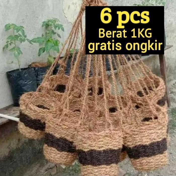 6 pcs Pot Sabut Kelapa Gantung Kombinasi Ijuk Hitam Pot Sabut Kelapa gantung Pot sabut kelapa