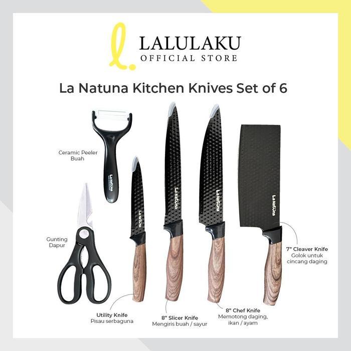 owala shop Pisau Dapur Set Modern Black Gold 6 in 1 Pcs Diamond Coating Knives Gift Set - Black