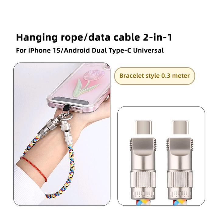 Kabel Charger Lanyard 2in1 USB Type C & Lightning Fast Charging 60W 5A Data Cable Gelang HP Multifun
