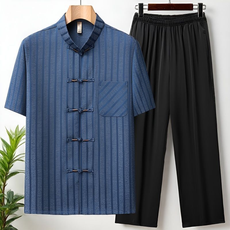 Setelan Baju Pria Ayah Kakek Musim Panas Gaya China Lengan Pendek Garis-garis Kerah Tegak Kancing Tr