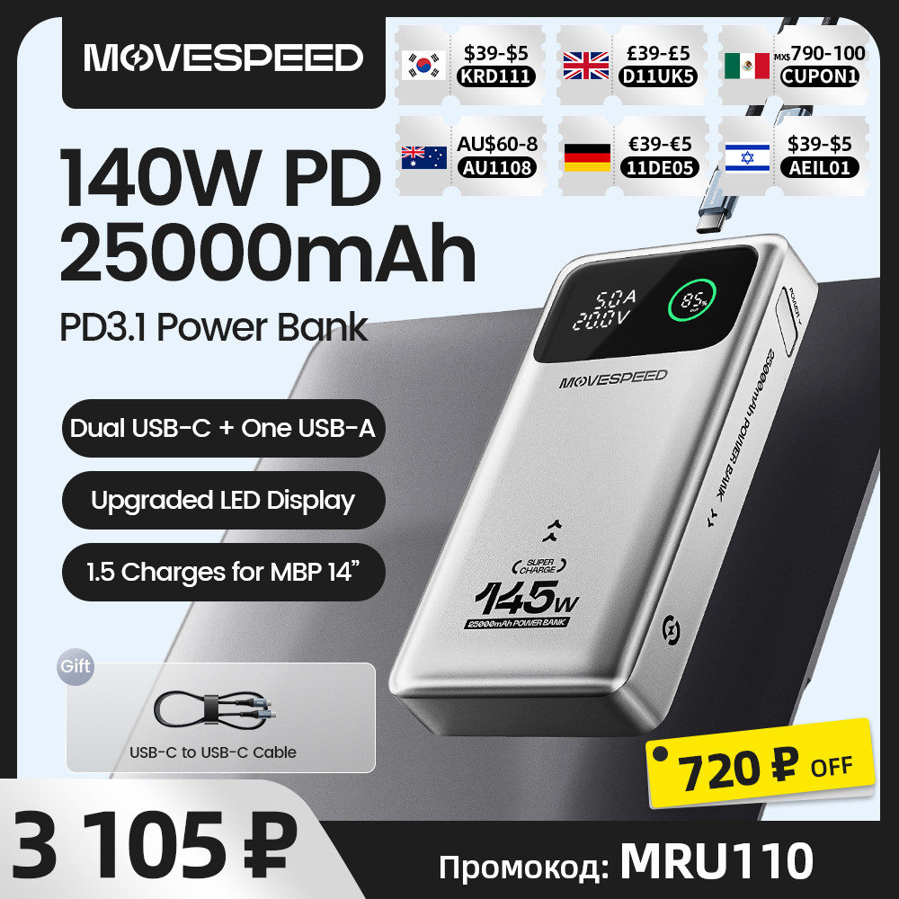 MOVESPEED M25Pro 140W Power Bank 25000mAh Type C Fast arge Portable External Battery 100W PowerBank 