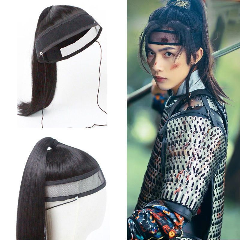 Penutup Kepala Rambut Palsu Gaya Kuno Pria dengan Pita Dahi, Hiasan Kepala Hanfu Dinasti Tang, Song