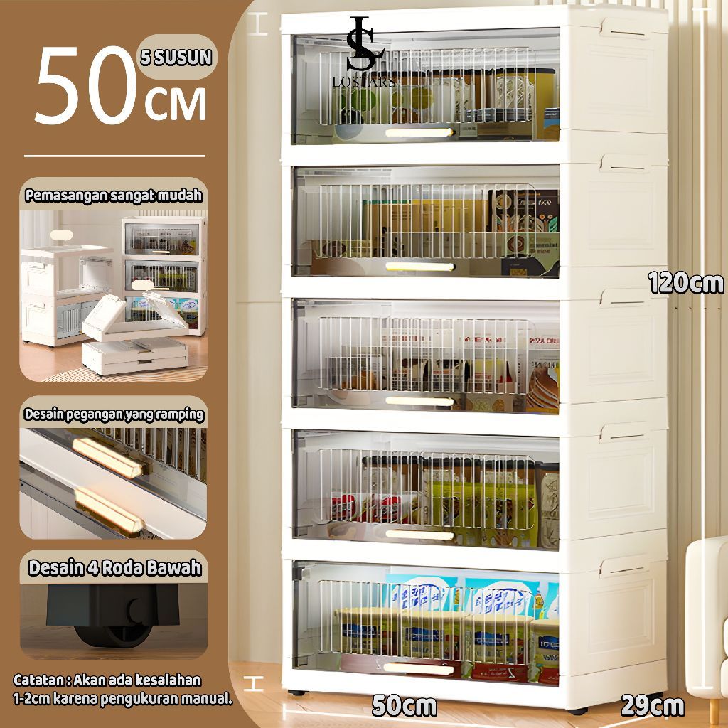 Lostars T3 (Tidak Perlu Instalasi) Rak Kabinet Susun Lipat/Rak Buku Serbaguna ada Roda/Lemari Plasti
