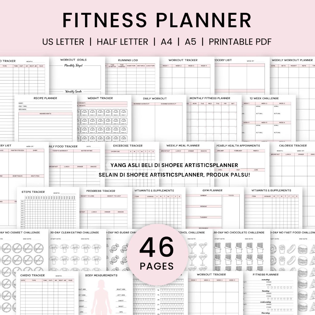 Printable Health and Fitness Planner Bundle, Fitness Journal, Diet, Workout Trackers, Meal planner |