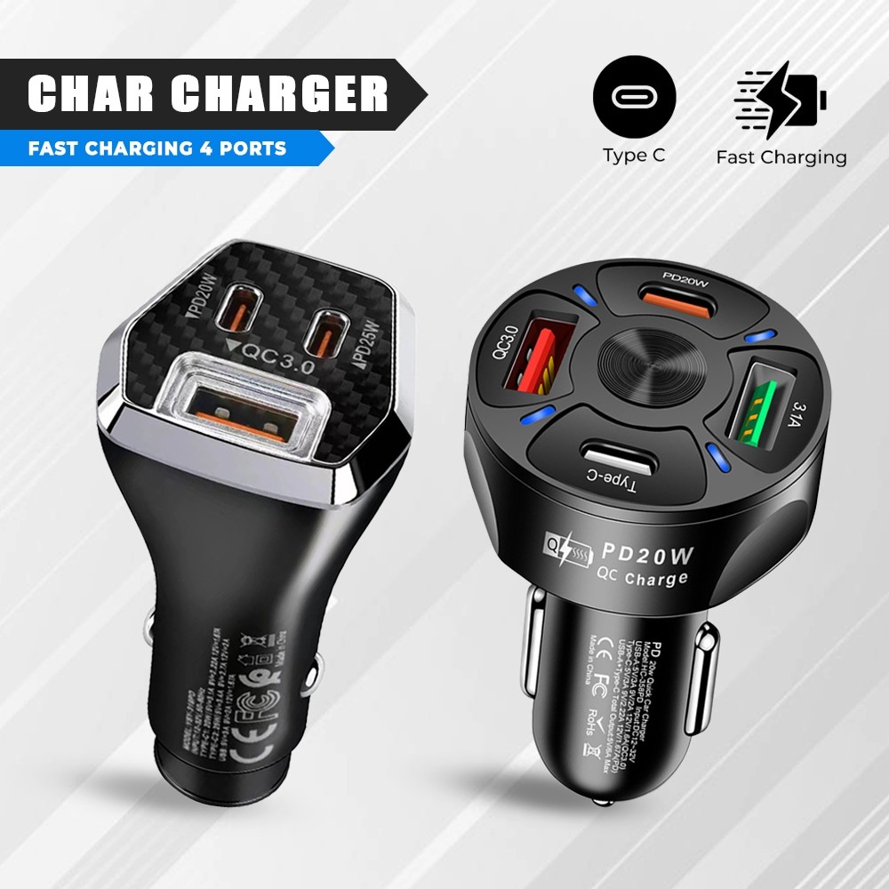Charger Hp Mobil Car Charger 4 Port USB & 3 Port Type C Cas HP Mobil Praktis Multifungsi