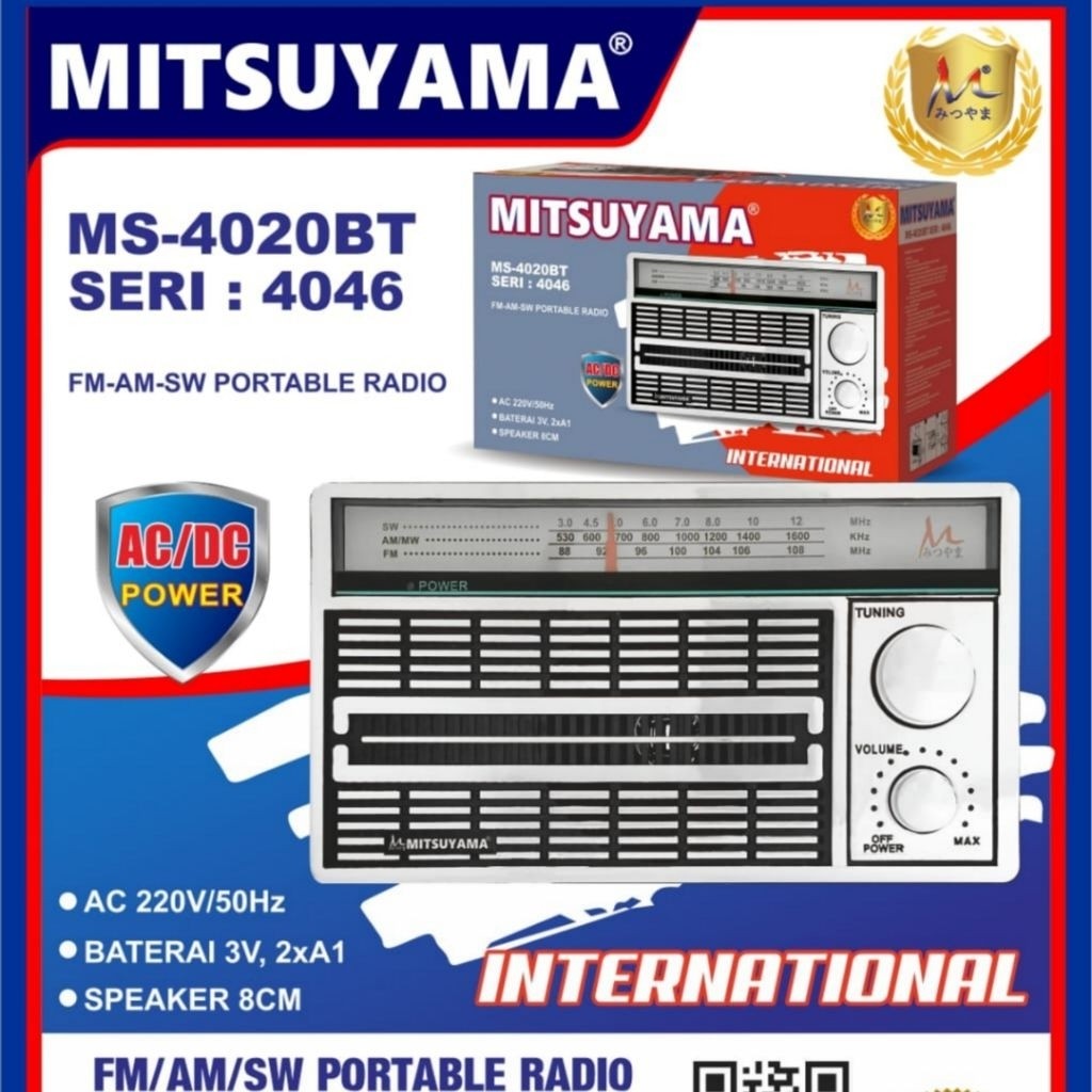 Radio Portable FM/AM/SW Mitsuyama MS-4020BTSeri 4046 | Colok Listrik dan Baterai