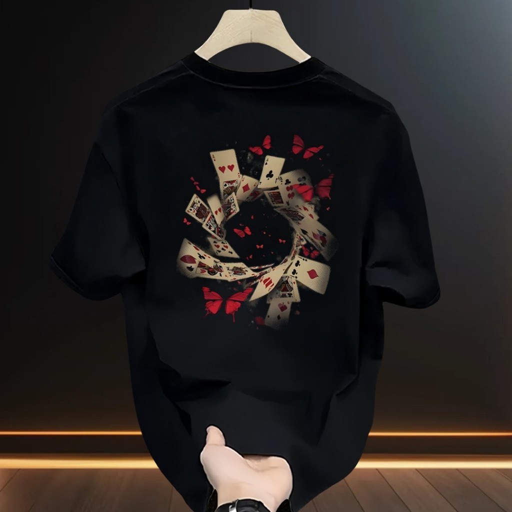 <COD>Kaos Pria Distro Oversize 100% Katun Premium, Baju Kaos Hitam Putih Motif Kartu Remi Kupu-Kupu 