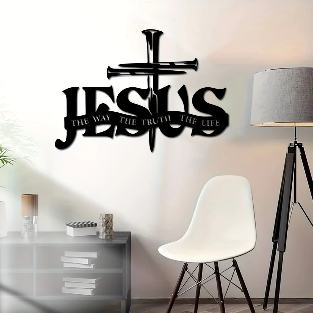 Ornamen Dinding Logam Salib Yesus Horizontal - Hiasan Dinding Religi Kristen dengan Tulisan Inspirat