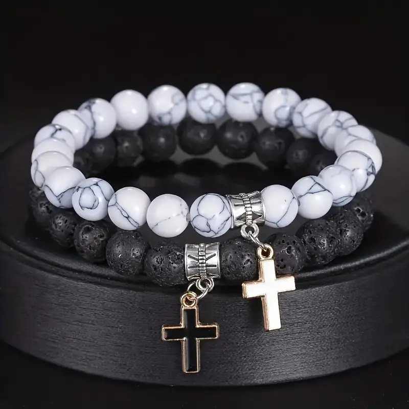 Tume Turquoise Volcanic Stone Bracelet Cross Pendant Premium Gelang Pasangan Hitam Putih