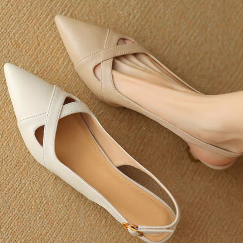 [COD] Sandal Kulit Lembut Gaya Prancis Model Tertutup untuk Wanita Hak Rendah Ujung Lancip