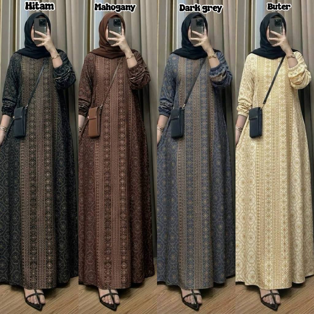 Baju Gamis Motif Premium Rayon Adem Busui Jumbo - Dress Muslimah Kekinian Kondangan Pengajian | Rinj