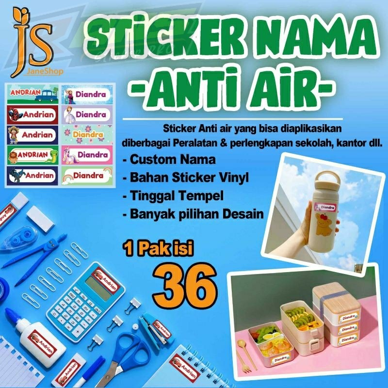 Isi 36Pcs Sticker Nama Anti Air Buku Pelajaran Sekolah Botol Minum Alat Tulis