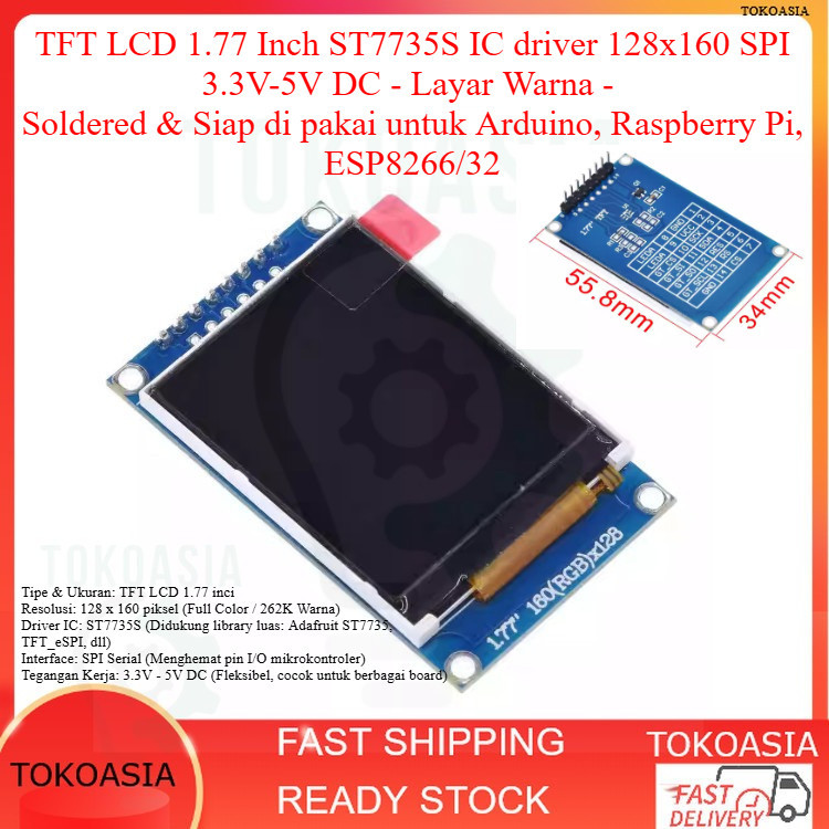 TFT LCD 1.77 Inch ST7735S ic driver 128x160 SPI 3.3V-5V DC - Layar Warna - Cocok untuk Arduino, Rasp