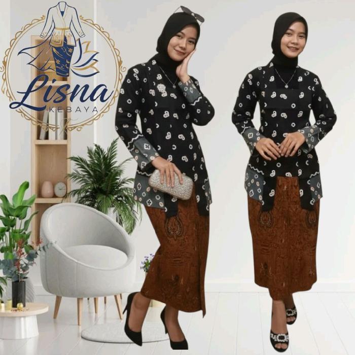Lisna Kebaya Jumputan Elegan Model Kutu Baru Dress Wanita Batik Printing High Quality Kuning Pink Me