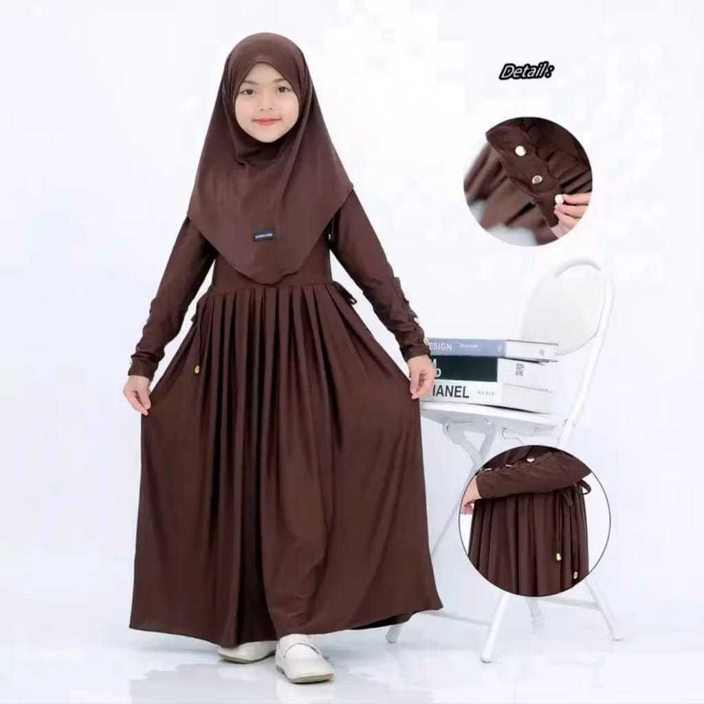 Gamis Abaya Anak Jersey Set Hijab 2 -12 Tahun Pinggang Serut Tali Samping Bahan Lembut Elegan