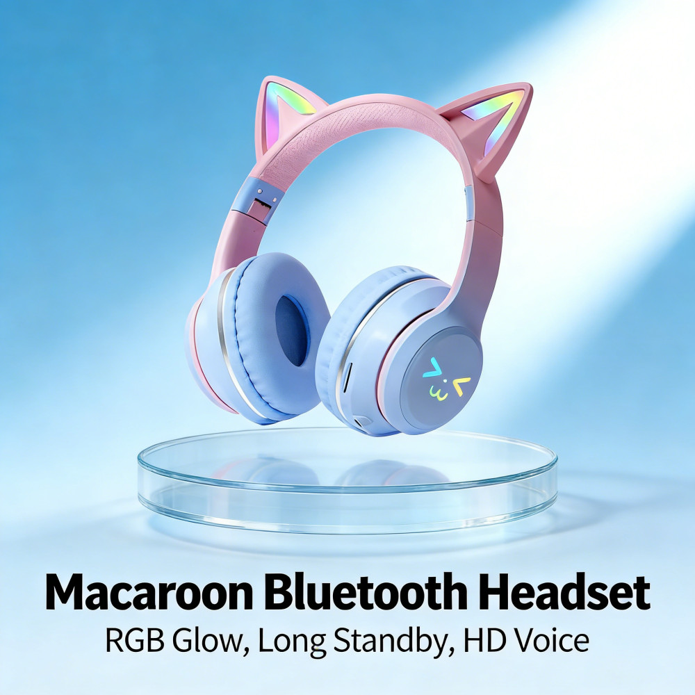 Headphone Bluetooth Bass Bloetooth Headset Wireless Lipat Anak Lucu Gaming Headset Cat Ear LED Warna