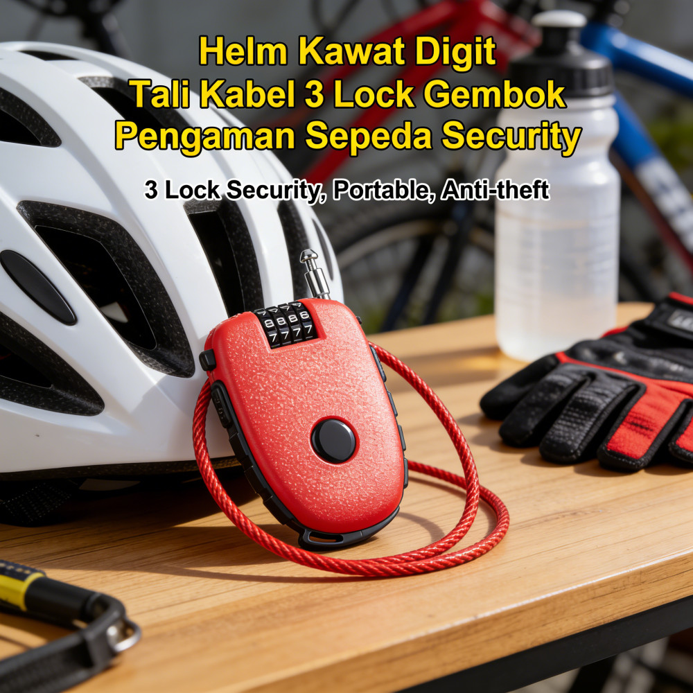 Kabel gembok kawat tali baja Helm 3 Digit lock gembok Pengaman Sepeda gembok