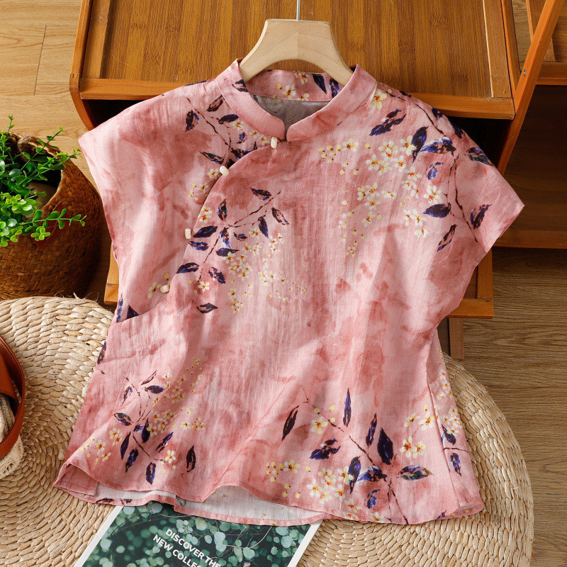 Atasan Wanita Gaya Cina Baru, Baju Musim Panas dengan Lengan Mengembang Kecil dan Kancing Simpul Cin
