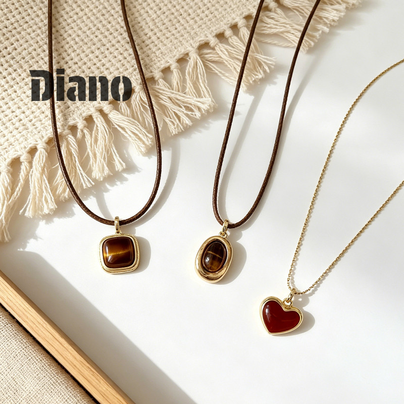 [ Diano ]Kalung mutiara liontin hati merah kalung tali kulit bertali dengan batu mata harimau untuk 