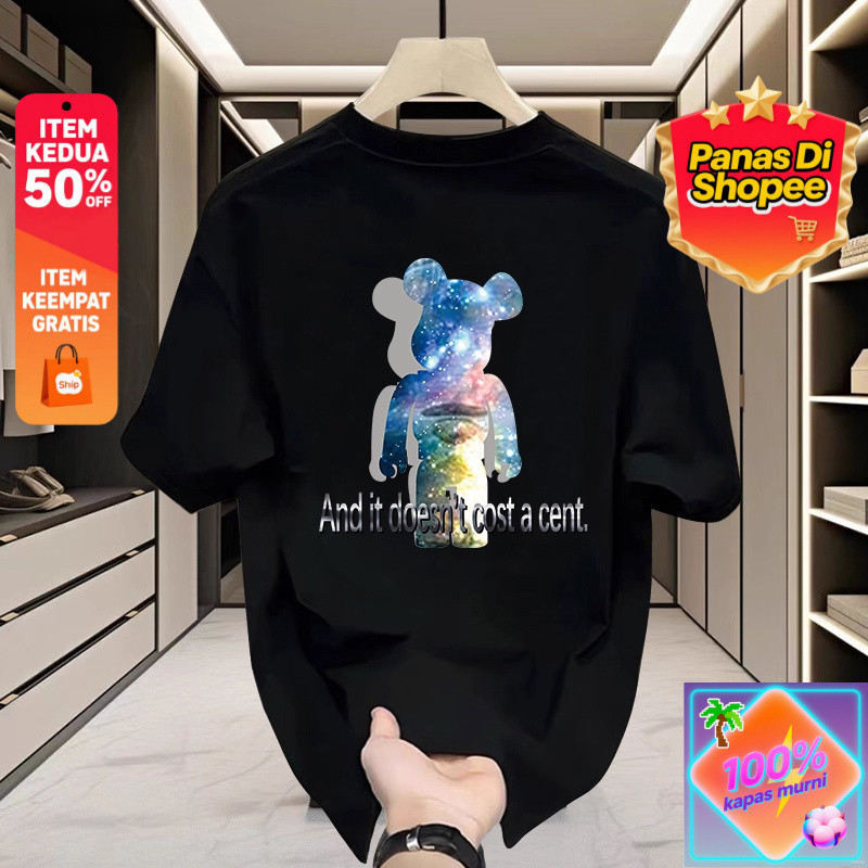 Trend Cetak Beruang Bintang Kaos T - Shirt Pendek Pria Kasual Katun, Modis dan Unik