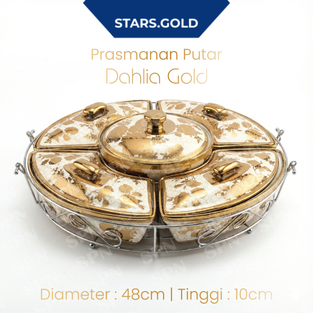 Prasmanan Putar Keramik Porcelain Model Dahlia Gold Dari Picasso Isi 5 Tempat Saji + 4 Duck spoon + 